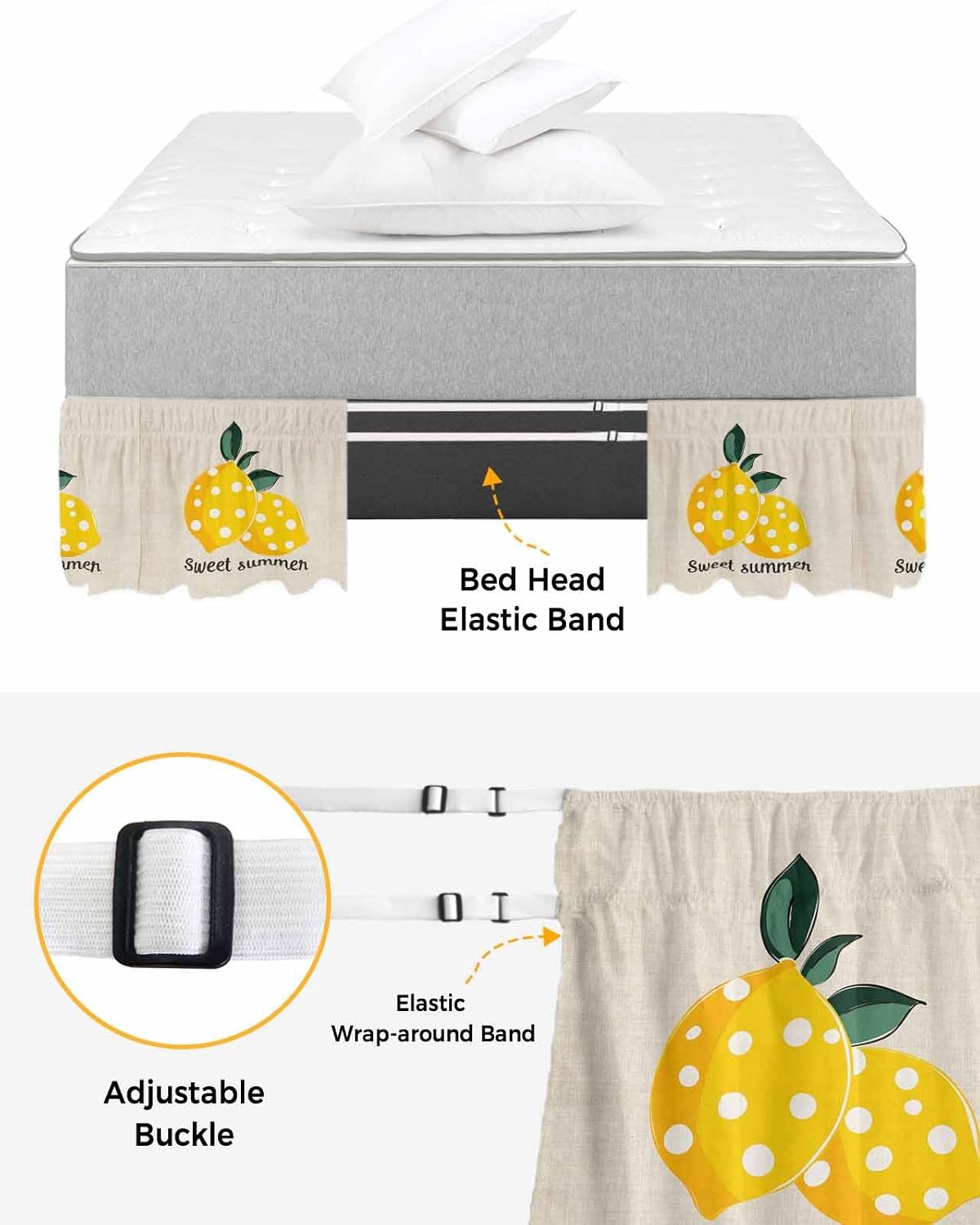Yellow Lemons Bed Skirt Queen Size 16 Inch Drop, Adjustable Elastic Wrap Around Bed Skirts Easy Fitting Dust Ruffle Bedskirt Bed Frame Cover Summer Botanical Farmhouse Rustic