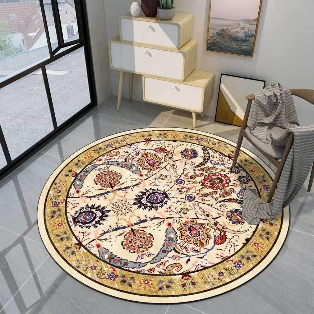 Vintage Bohemia Area Rug Boho Floral Round Geometry Decor Carpet for Farmhouse Bedroom Living Room Kitchen Runner Mat Non Slip Bathroom Rugs Indoor Outdoor Doormat 2' X 2'/Yellow