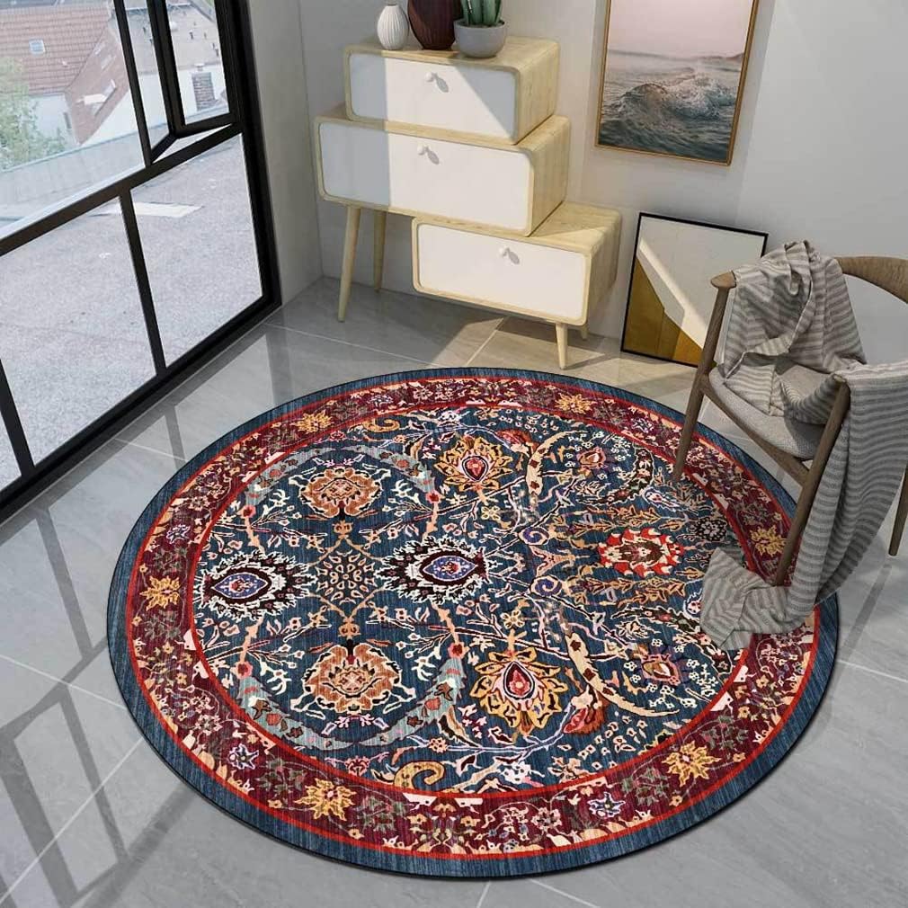 Vintage Bohemia Area Rug Boho Floral Round Geometry Decor Carpet for Farmhouse Bedroom Living Room Kitchen Runner Mat Non Slip Bathroom Rugs Indoor Outdoor Doormat 2' X 2'/Yellow