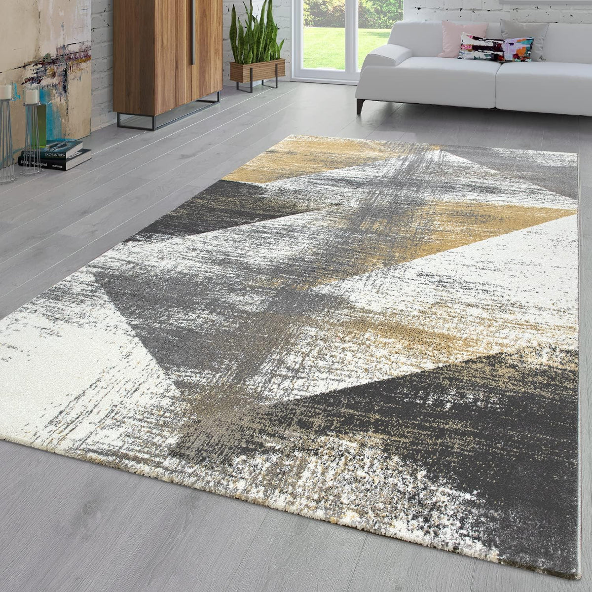 Area Rug Abstract Geometric Pattern in Modern Yellow Grey, Size: 3'11" x 5'7"