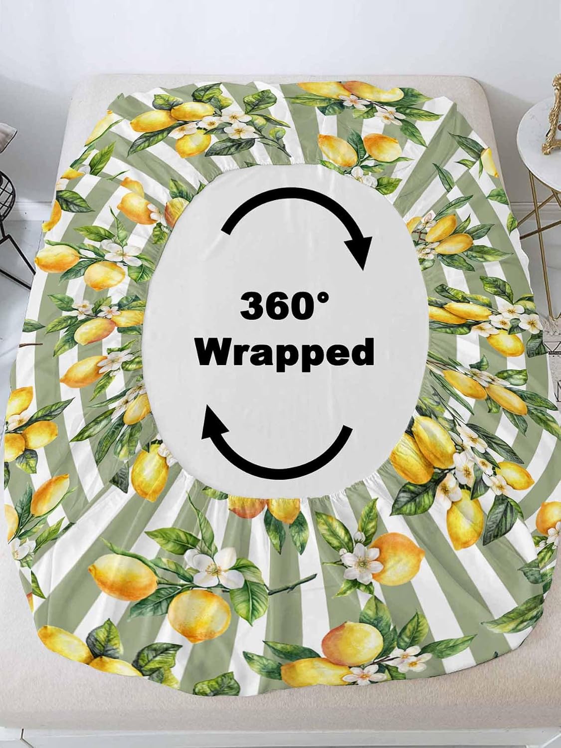 3 Pieces Twin Fitted Sheet Set, Vintage Farm Lemon Flowers Deep Pocket Up to 16", Yellow Fruit on Sage Green Stripe Soft Elastic Bed Sheets and Pillow Cases Secure Fit