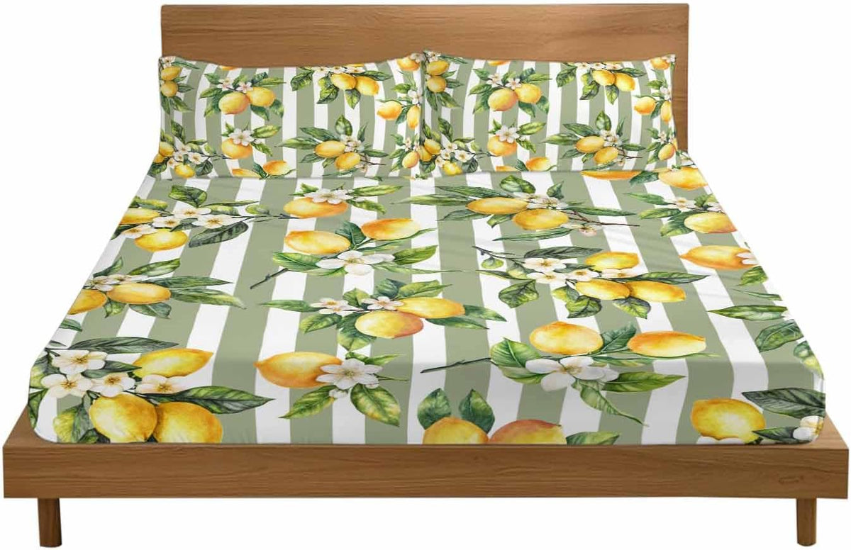 3 Pieces Twin Fitted Sheet Set, Vintage Farm Lemon Flowers Deep Pocket Up to 16", Yellow Fruit on Sage Green Stripe Soft Elastic Bed Sheets and Pillow Cases Secure Fit