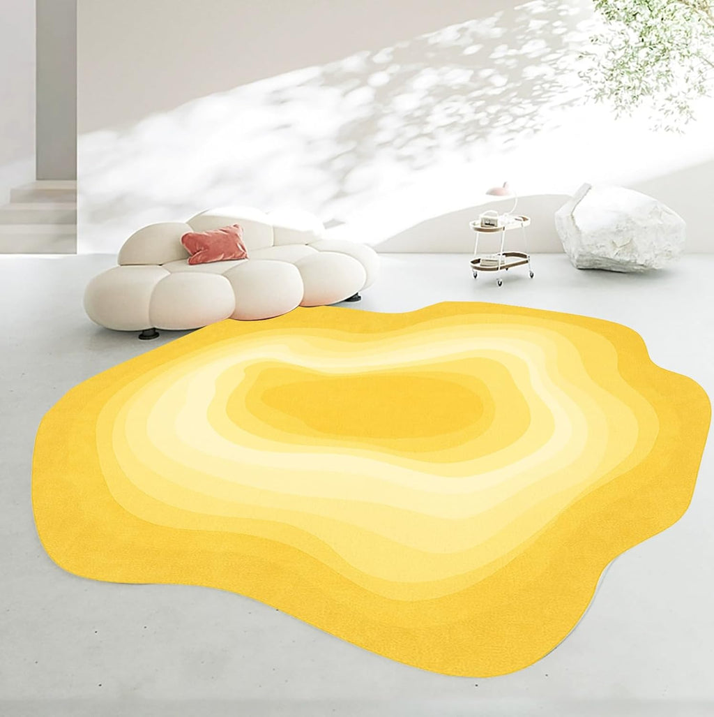 Minimalist Abstract Gradient Ombre Texture Area Rugs Yellow 4' Irregular Shaped Home Deco Rug for Living Room Bedroom Dining Room Washable Large Carpet Low Pile Thin Nursery Room Indoor Mat
