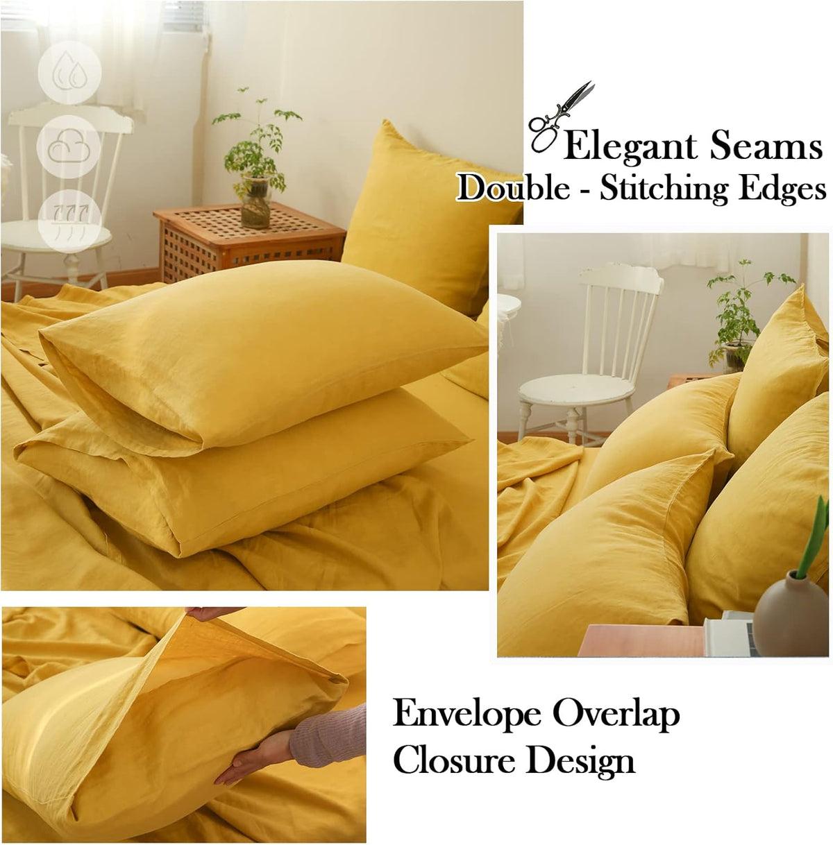 100% Linen Sheet Set 4pcs Basic Style, Deep Pocket, Natural French Washed Flax Solid Color Soft Breathable Bed Sheets - Mustard Yellow, Queen