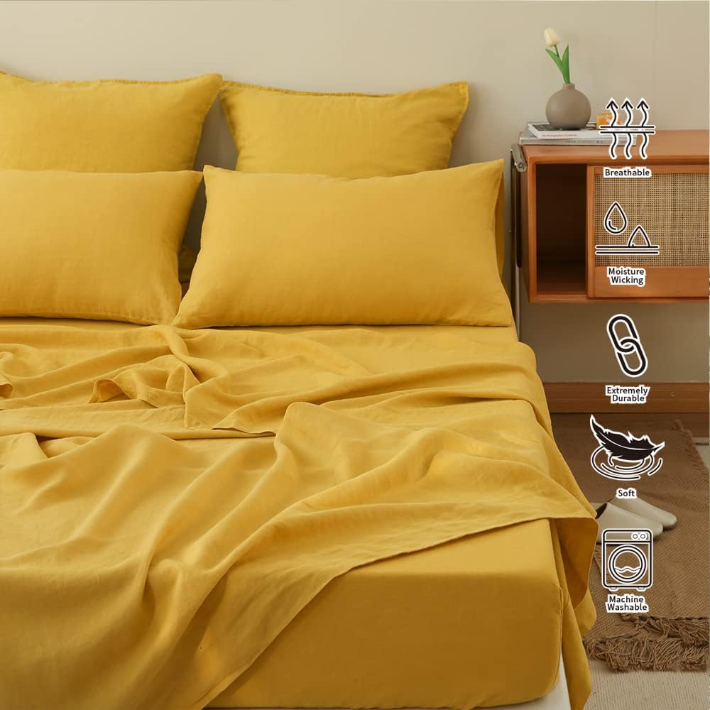 100% Linen Sheet Set 4pcs Basic Style, Deep Pocket, Natural French Washed Flax Solid Color Soft Breathable Bed Sheets - Mustard Yellow, Queen