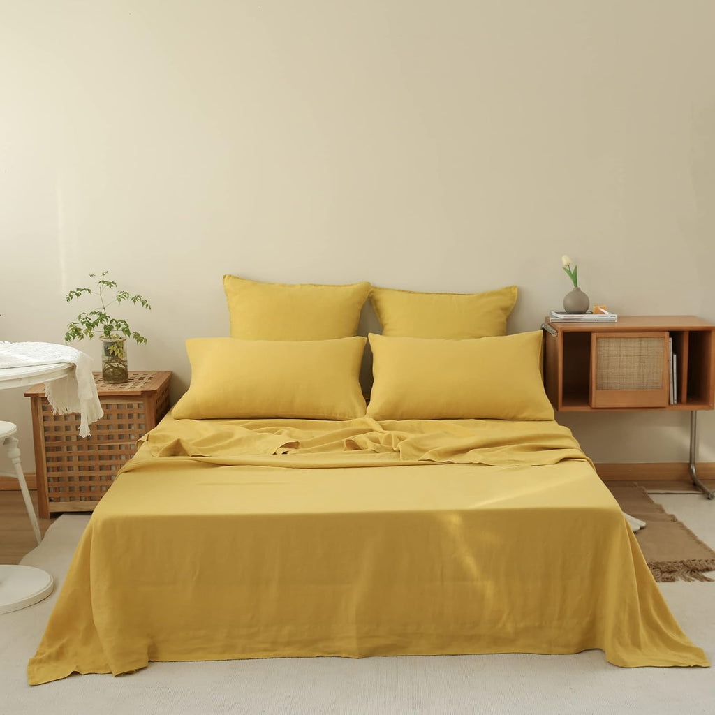 100% Linen Sheet Set 4pcs Basic Style, Deep Pocket, Natural French Washed Flax Solid Color Soft Breathable Bed Sheets - Mustard Yellow, Queen
