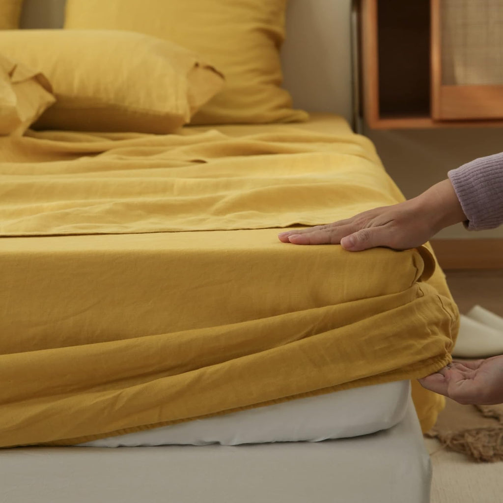100% Linen Sheet Set 4pcs Basic Style, Deep Pocket, Natural French Washed Flax Solid Color Soft Breathable Bed Sheets - Mustard Yellow, Queen