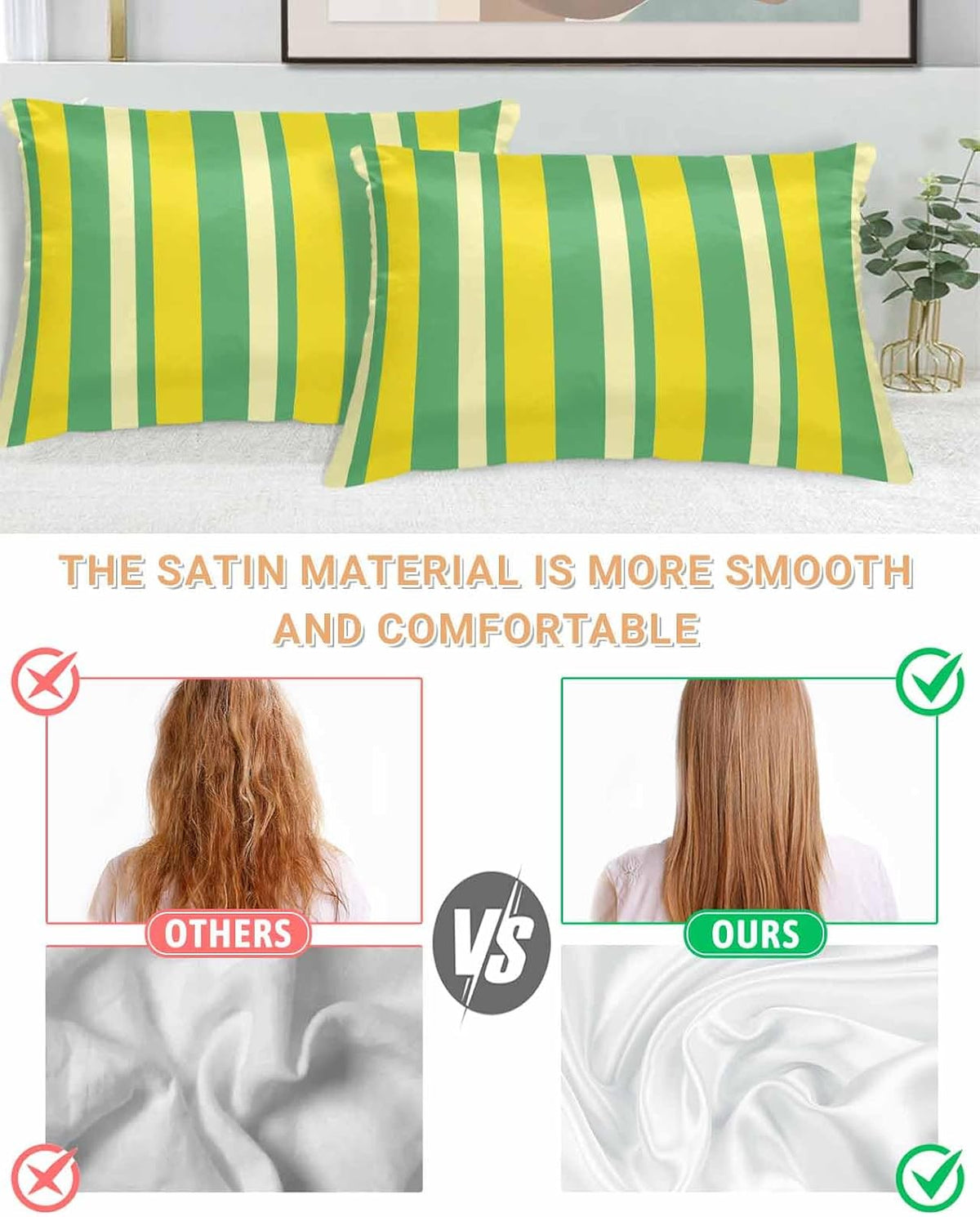 Satin Pillowcases Standard Size, Lemon Green Yellow Silk Pillow Cases for Hair and Skin with Zipper 2 Pack, Summer Modern Farmhouse Striped Smooth Throw Pillow Covers for Sleeping, 20"x26"