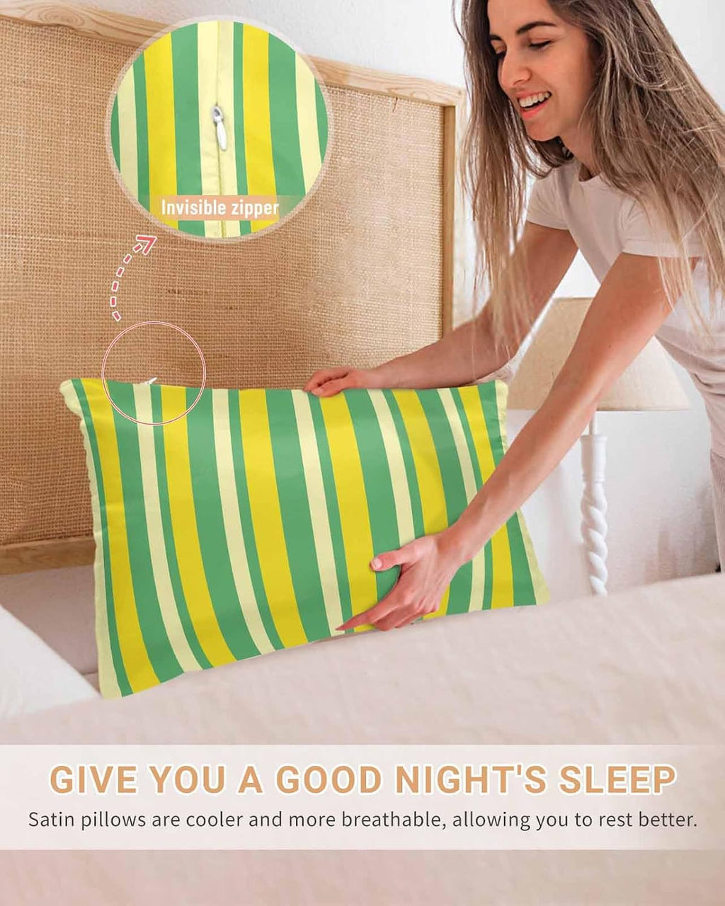Satin Pillowcases Standard Size, Lemon Green Yellow Silk Pillow Cases for Hair and Skin with Zipper 2 Pack, Summer Modern Farmhouse Striped Smooth Throw Pillow Covers for Sleeping, 20"x26"