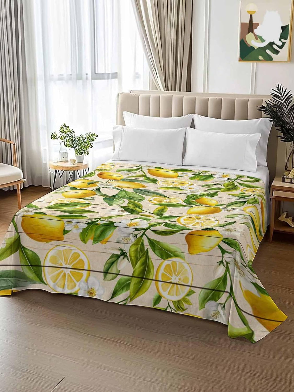 Twin Flat Sheet Only,Farm Fruits Lemon Floral Top Sheet Breathable Soft Brushed Polyester Microfiber Bed Sheets,Yellow Wood Texture Hotel Luxury Bedding Sheets for Women,Men,Teens