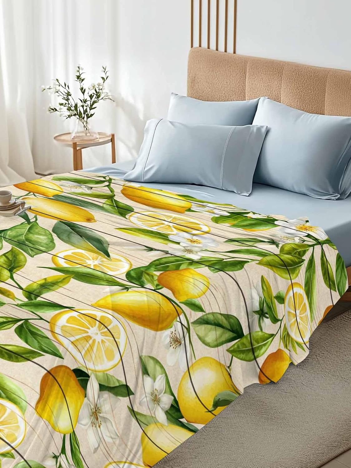 Twin Flat Sheet Only,Farm Fruits Lemon Floral Top Sheet Breathable Soft Brushed Polyester Microfiber Bed Sheets,Yellow Wood Texture Hotel Luxury Bedding Sheets for Women,Men,Teens