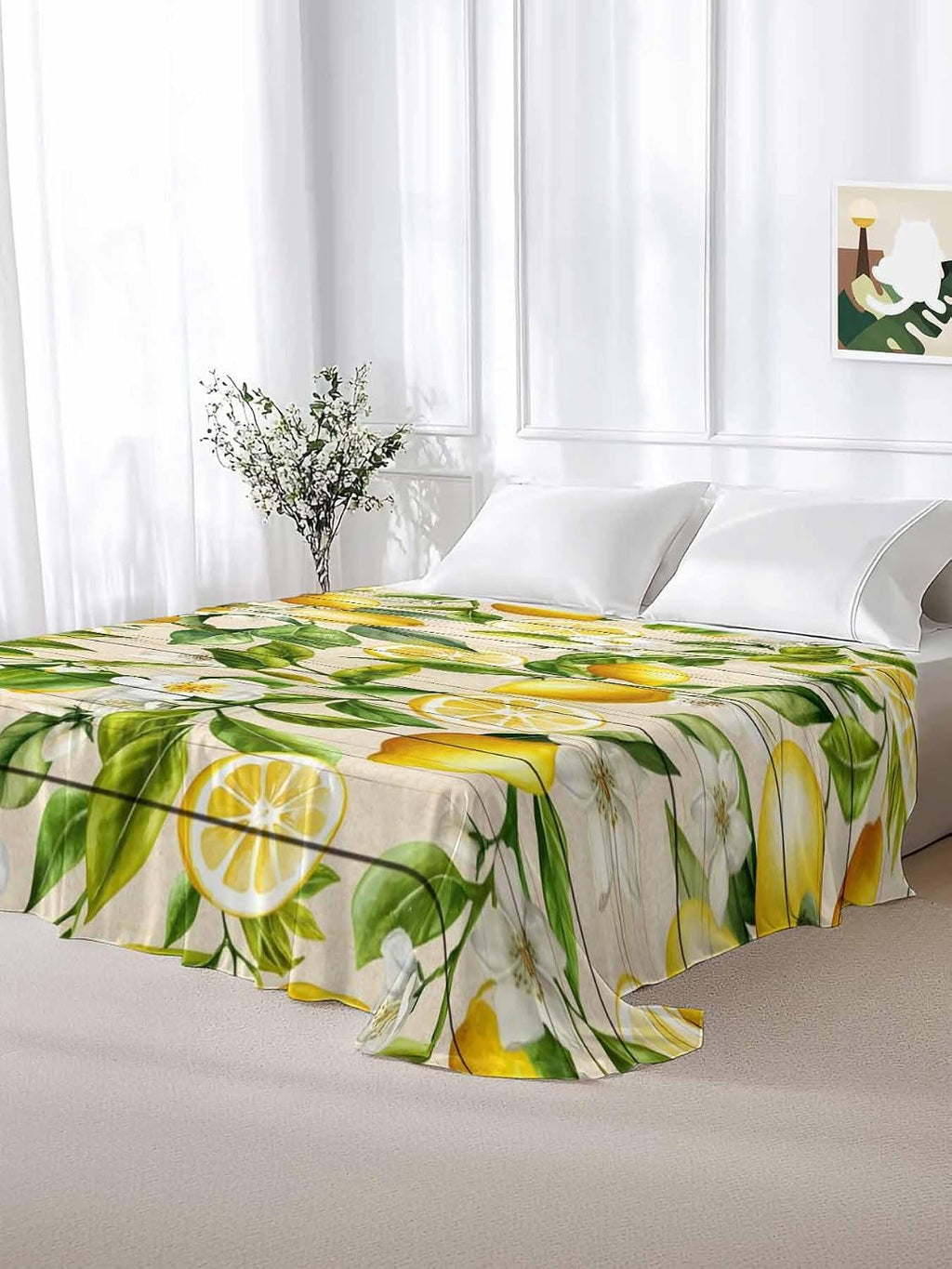 Twin Flat Sheet Only,Farm Fruits Lemon Floral Top Sheet Breathable Soft Brushed Polyester Microfiber Bed Sheets,Yellow Wood Texture Hotel Luxury Bedding Sheets for Women,Men,Teens