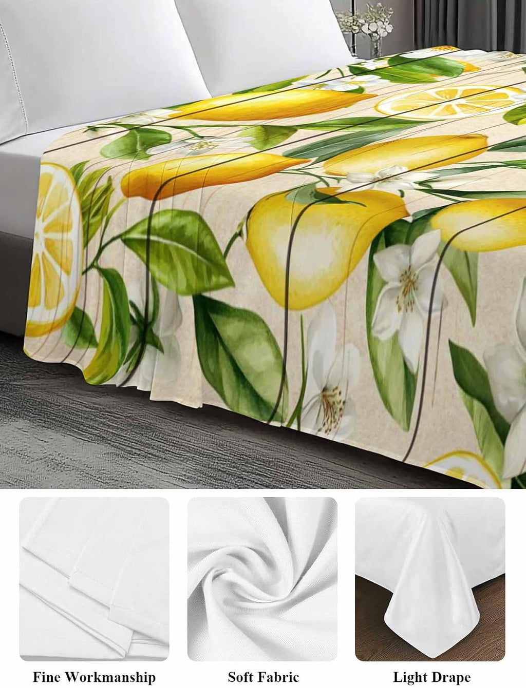 Twin Flat Sheet Only,Farm Fruits Lemon Floral Top Sheet Breathable Soft Brushed Polyester Microfiber Bed Sheets,Yellow Wood Texture Hotel Luxury Bedding Sheets for Women,Men,Teens