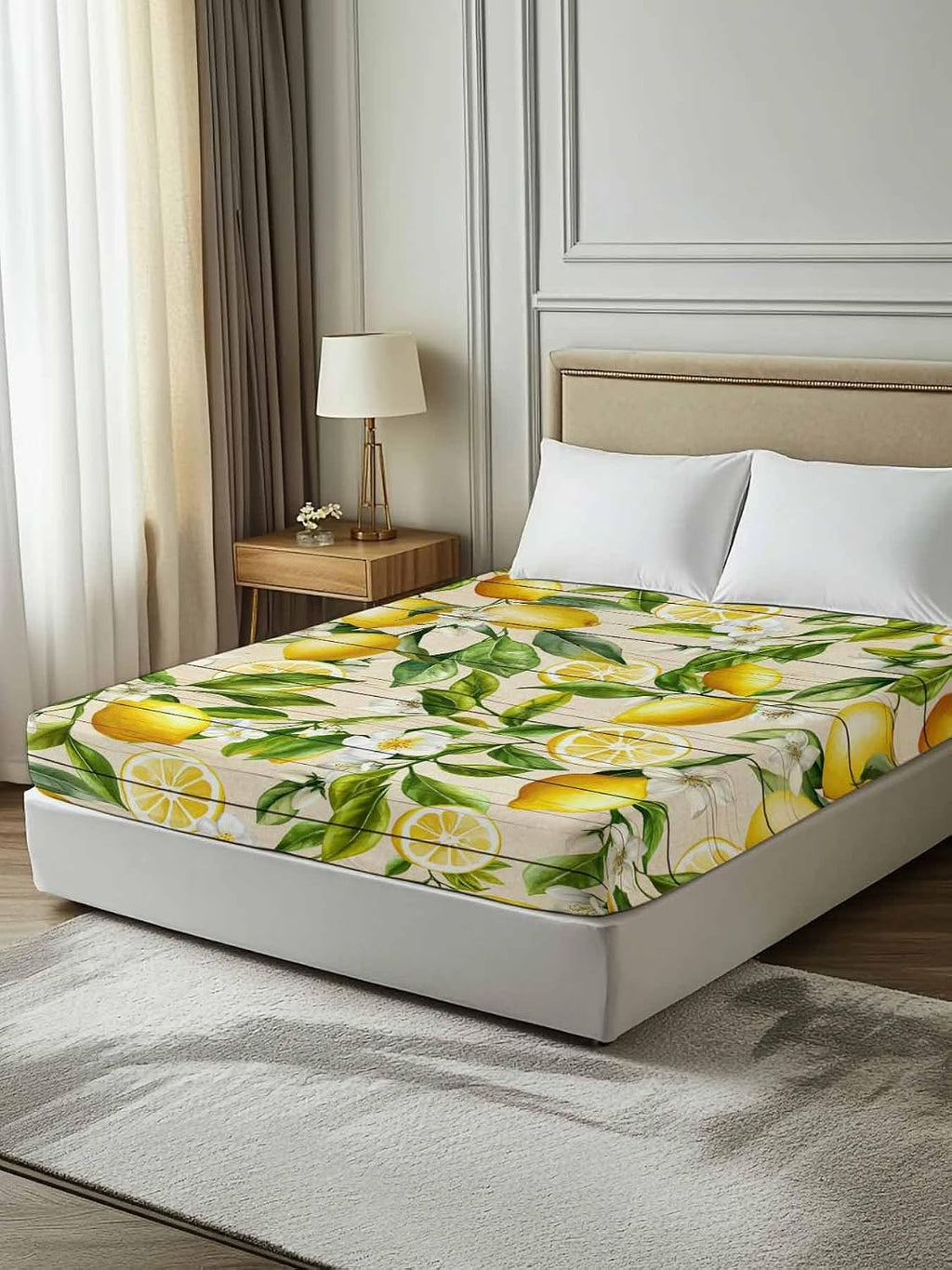Twin Flat Sheet Only,Farm Fruits Lemon Floral Top Sheet Breathable Soft Brushed Polyester Microfiber Bed Sheets,Yellow Wood Texture Hotel Luxury Bedding Sheets for Women,Men,Teens