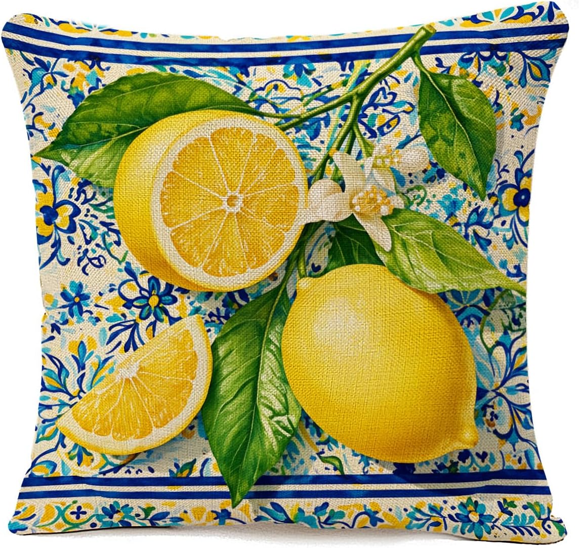 Lemon Yellow and Blue Throw Pillow Cover 18x18,Mediterranean Summer Italian Themed Tile Flower Pattern Decorative Cushion Cover,Linen Blend Square Pillowcase for Sofa Couch Bed