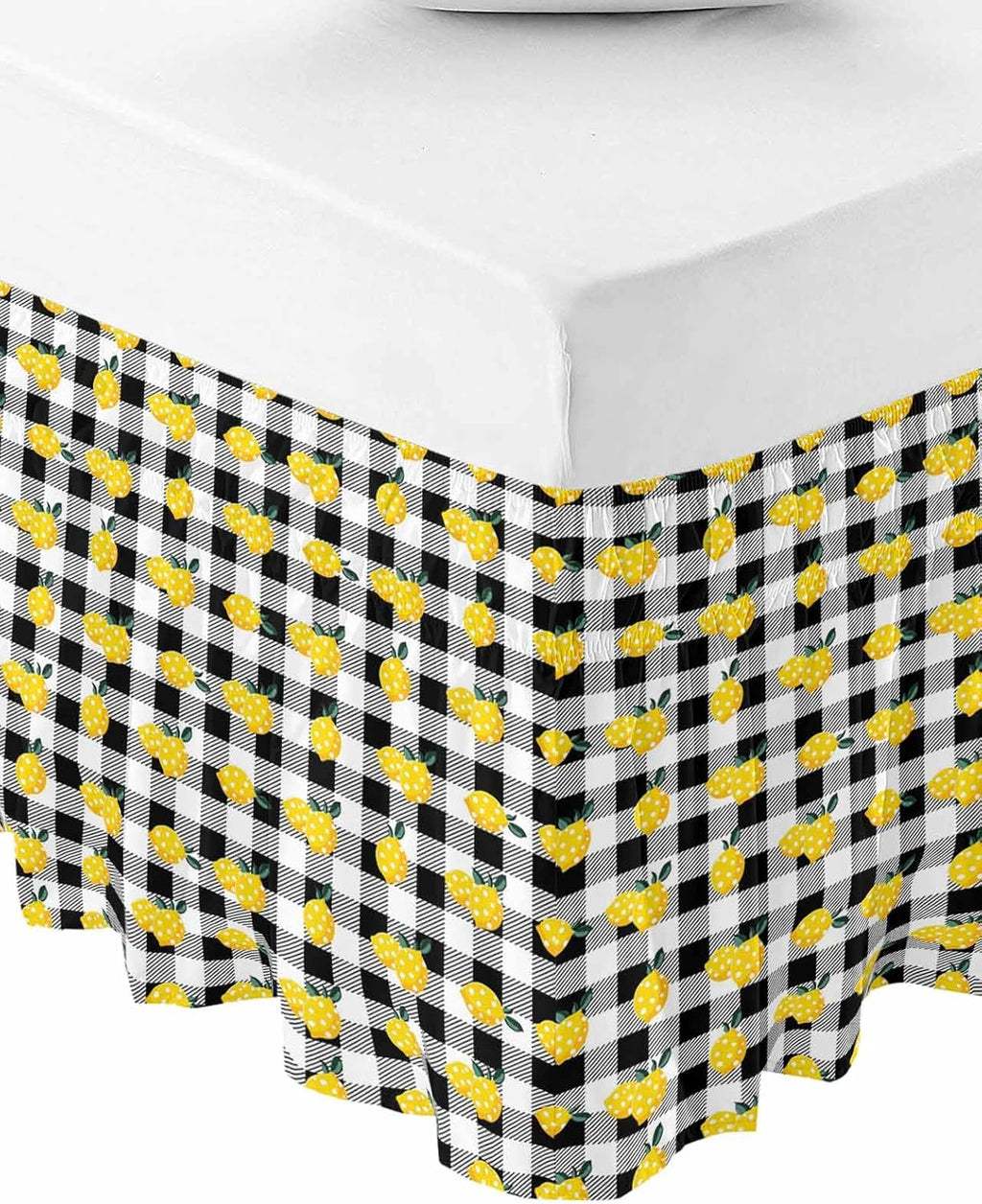 Yellow Lemons Bed Skirt Queen Size 16 Inch Drop, Adjustable Elastic Wrap Around Bed Skirts Easy Fitting Dust Ruffle Bedskirt Bed Frame Cover Summer Botanical Black White Checkered