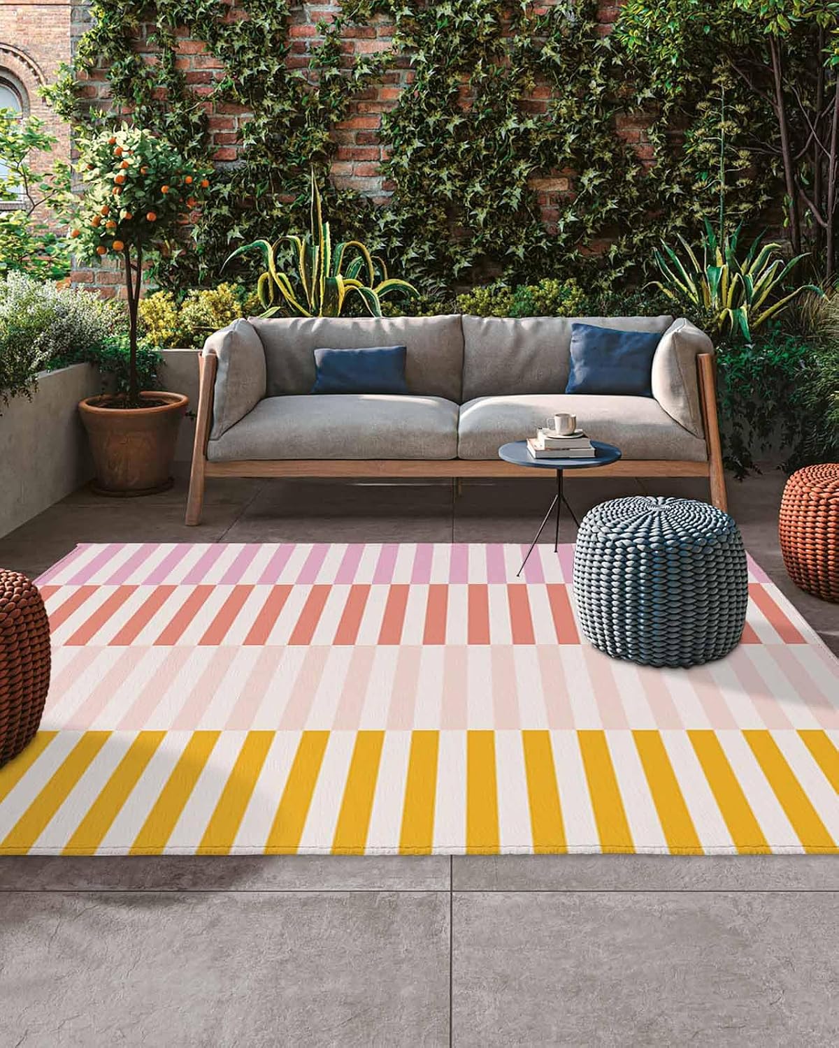 Outdoor Rug, Pink Rose Yellow Peach Stripes Absorbant Non-Slip Area Rugs Mat Carpet for Patio Balcony Porch Backyard Deck Rv Camping 4x6 ft Abstract Pinstripes