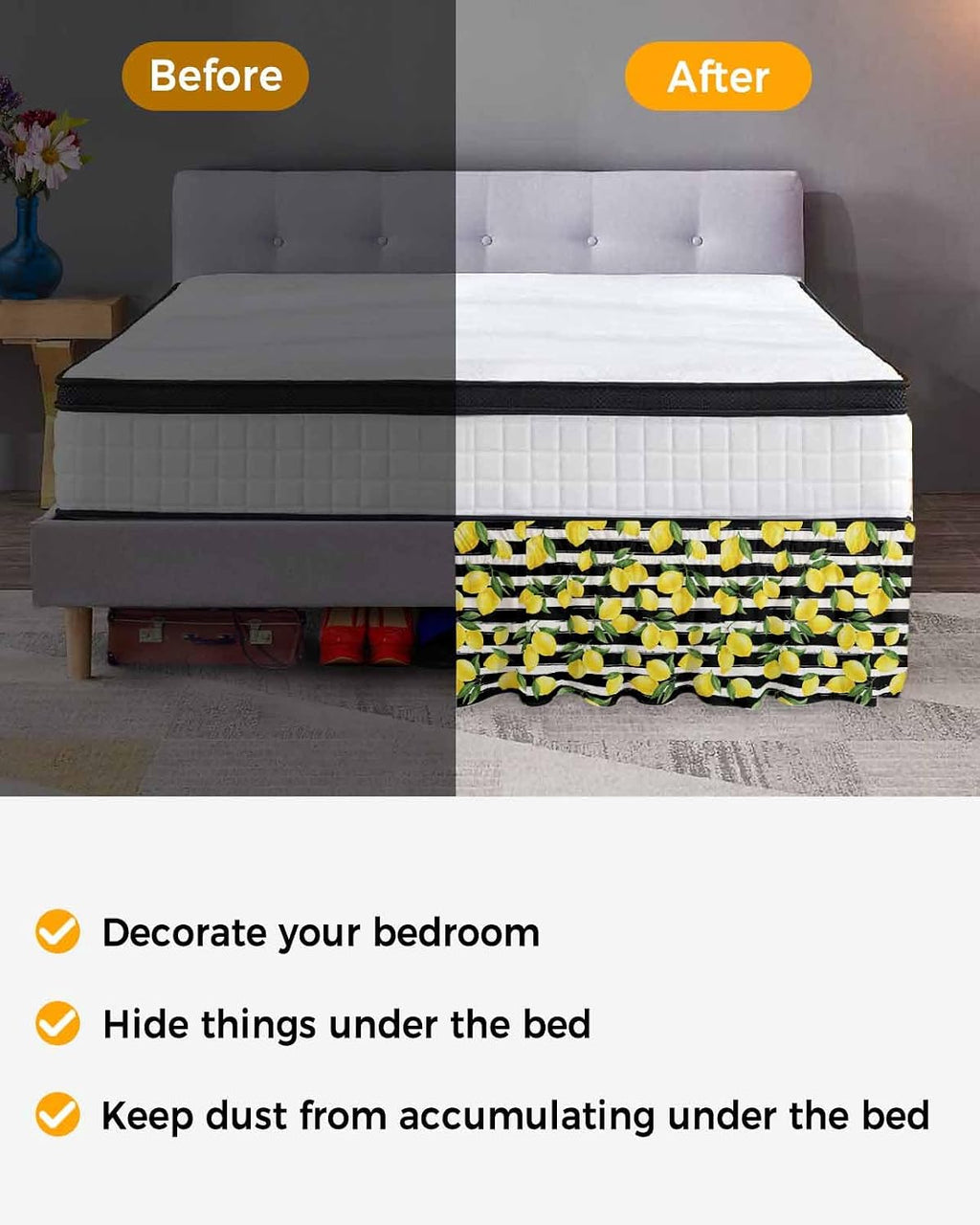 Yellow Lemons Bed Skirt Queen Size 16 Inch Drop, Adjustable Elastic Wrap Around Bed Skirts Easy Fitting Dust Ruffle Bedskirt Bed Frame Cover Summer Citrus Fruits Leaves Black Stripes