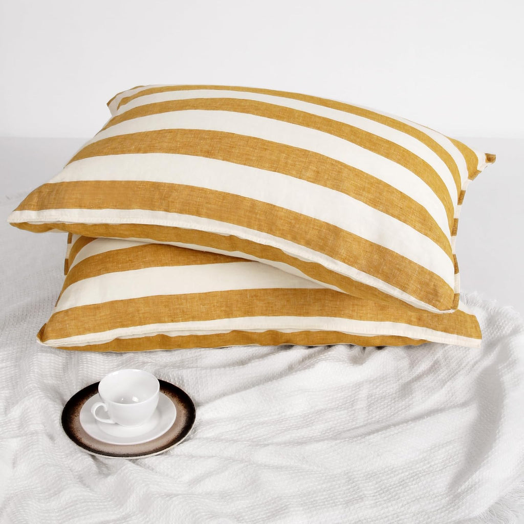 Striped Linen Pillow Cases Set of 2,20"x30" Standard/Queen Size,100% French Natural Flax Soft Linen Pillowcases,Yellow Stripe