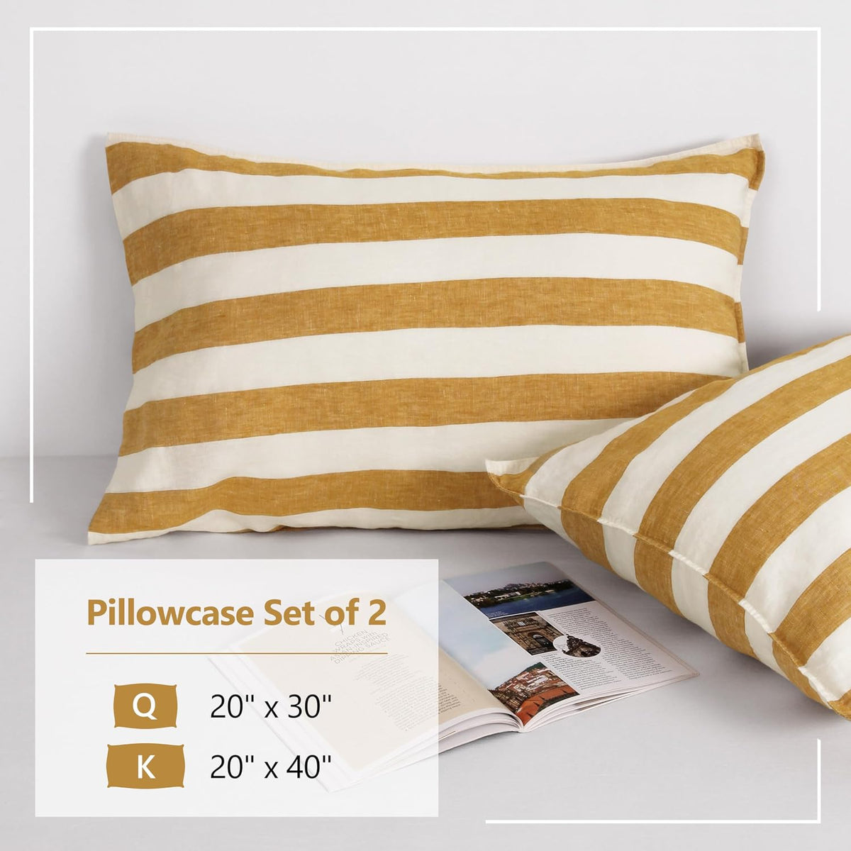 Striped Linen Pillow Cases Set of 2,20"x30" Standard/Queen Size,100% French Natural Flax Soft Linen Pillowcases,Yellow Stripe