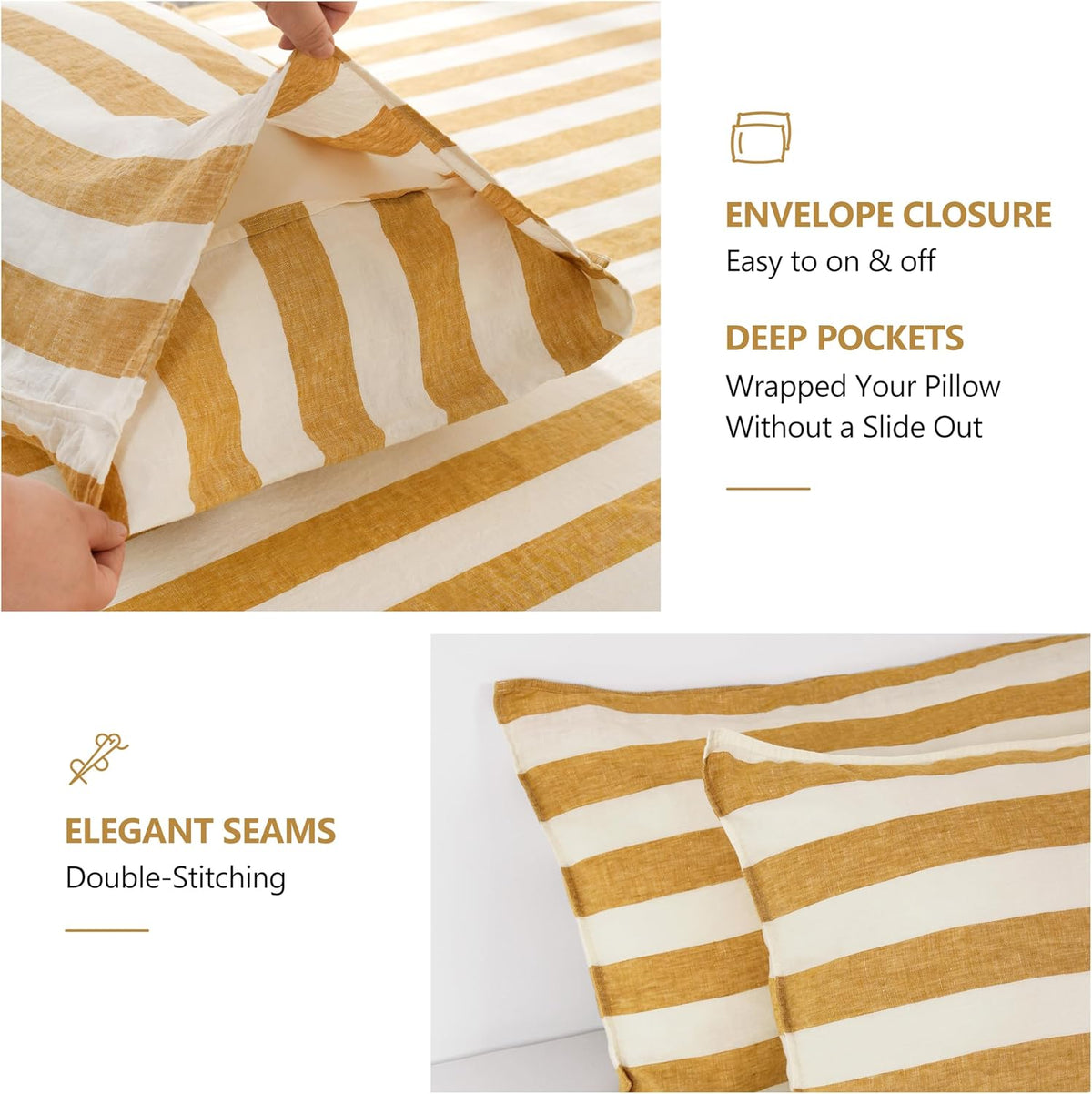 Striped Linen Pillow Cases Set of 2,20"x30" Standard/Queen Size,100% French Natural Flax Soft Linen Pillowcases,Yellow Stripe