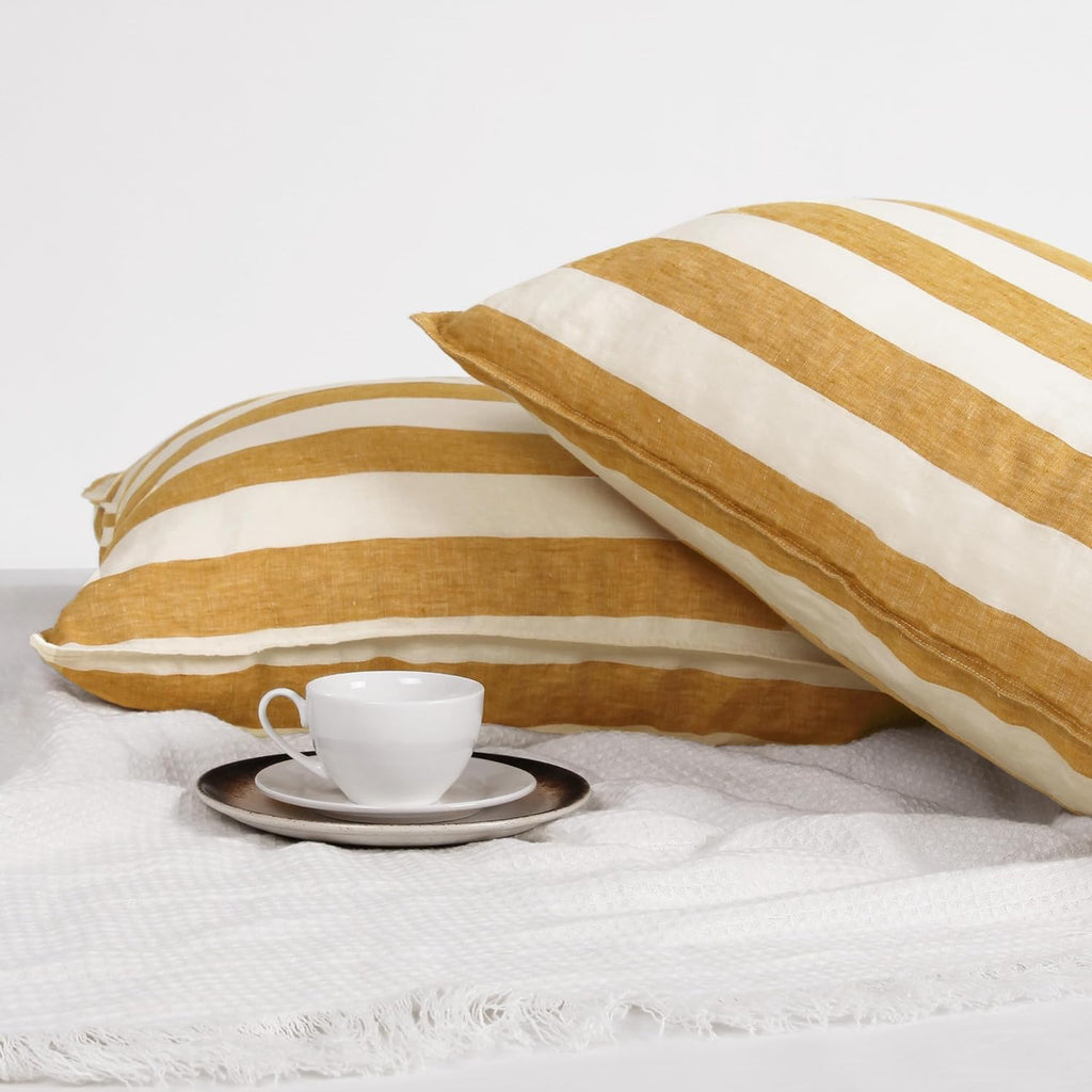 Striped Linen Pillow Cases Set of 2,20"x30" Standard/Queen Size,100% French Natural Flax Soft Linen Pillowcases,Yellow Stripe