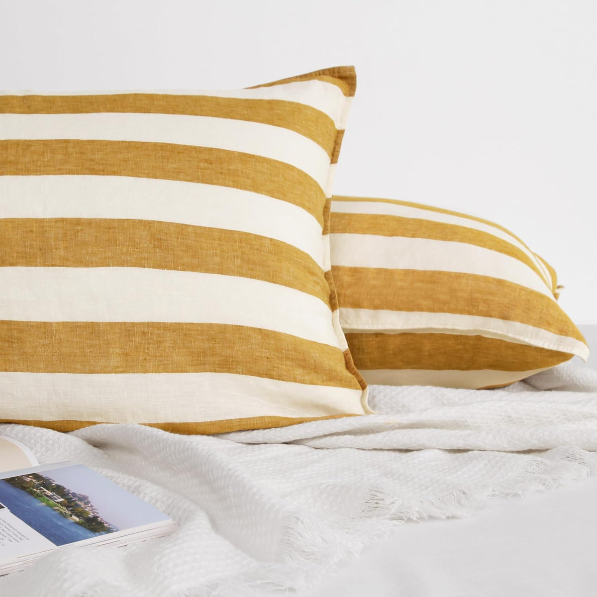 Striped Linen Pillow Cases Set of 2,20"x30" Standard/Queen Size,100% French Natural Flax Soft Linen Pillowcases,Yellow Stripe