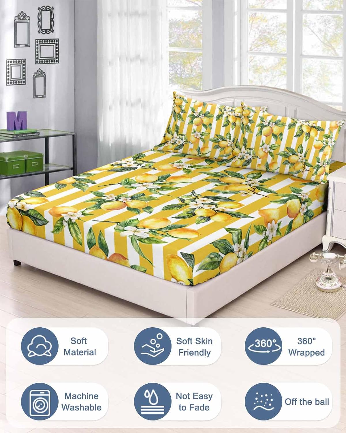 Farm Lemon Fruit Yellow Stripe Twin Bed Fitted Sheets Watercolor Flower Green Leaves Bed Set with 16" Deep Pocket for Single Bed,Soft Microfiber Bottom Sheet with Decorative Pillowcases