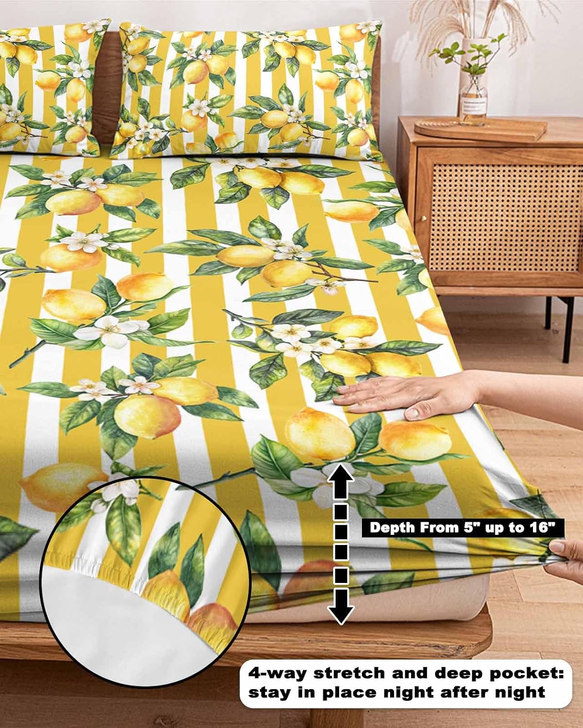 Farm Lemon Fruit Yellow Stripe Twin Bed Fitted Sheets Watercolor Flower Green Leaves Bed Set with 16" Deep Pocket for Single Bed,Soft Microfiber Bottom Sheet with Decorative Pillowcases