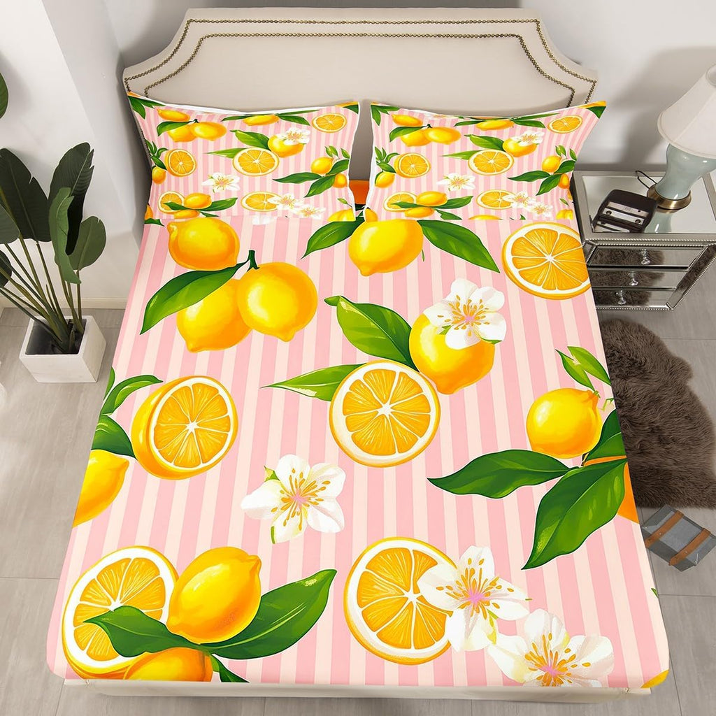 Yellow Lemon Fitted Sheet Queen Size for Kids Boys Girls Citrus Bed Sheets Set 16" Deep Pocket Soft Breathable Microfiber Botanical Lemon Pattern Bedding with 2 Pillowcases Tropical Fruit