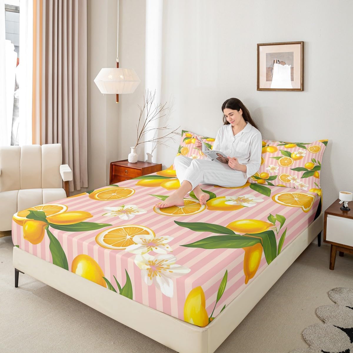 Yellow Lemon Fitted Sheet Queen Size for Kids Boys Girls Citrus Bed Sheets Set 16" Deep Pocket Soft Breathable Microfiber Botanical Lemon Pattern Bedding with 2 Pillowcases Tropical Fruit
