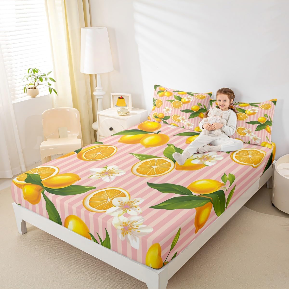 Yellow Lemon Fitted Sheet Queen Size for Kids Boys Girls Citrus Bed Sheets Set 16" Deep Pocket Soft Breathable Microfiber Botanical Lemon Pattern Bedding with 2 Pillowcases Tropical Fruit