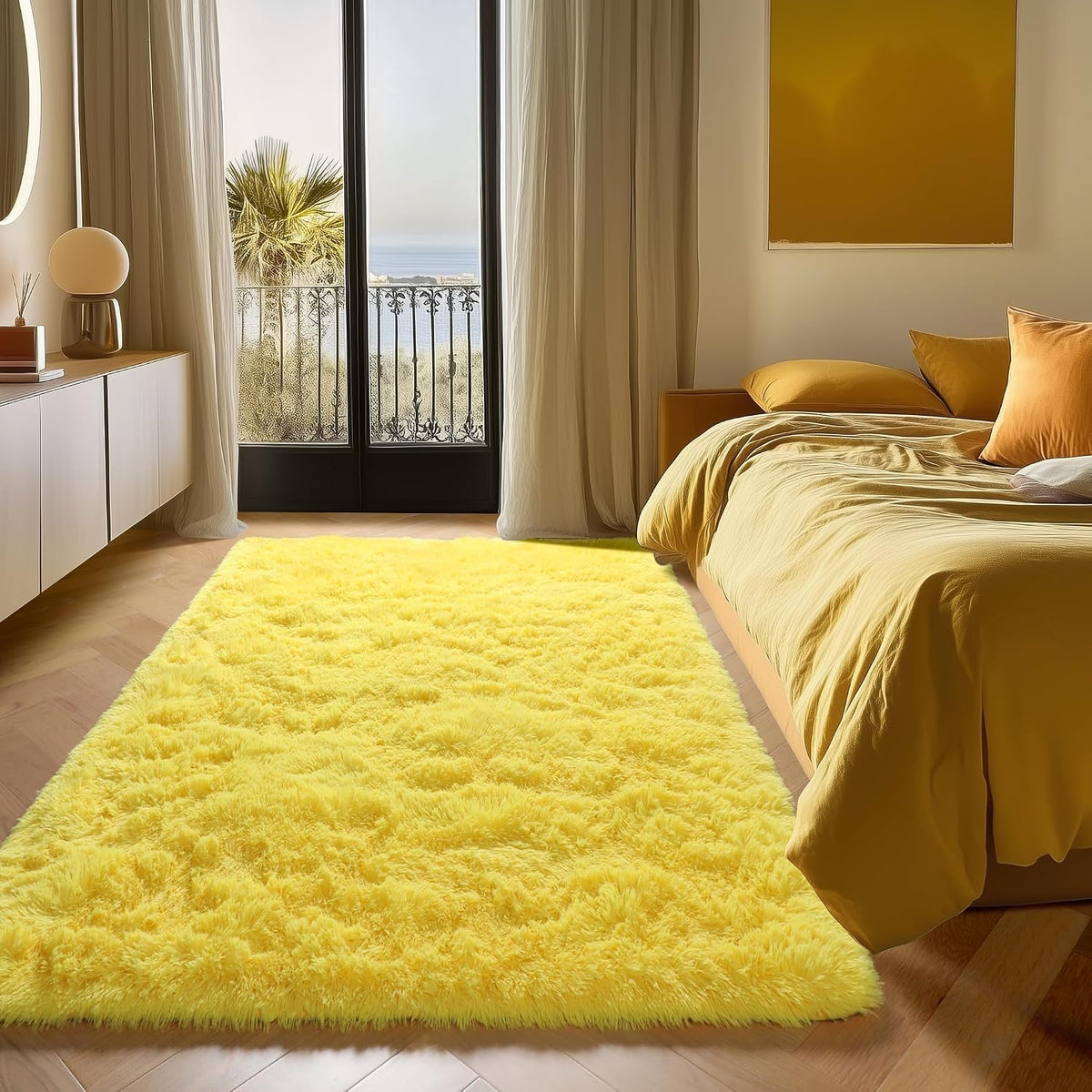 Yellow Area Rugs for Bedroom Living Room, Fluffy 4x6 Bedside Throw Shag Rug