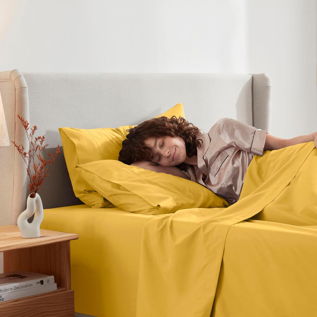 King Bed Sheet Set - Yellow - Instantly Soft Microfiber, No Break-in Wash - 4-Piece Deep Pocket Sheets & Pillowcases, Stays Put All Night