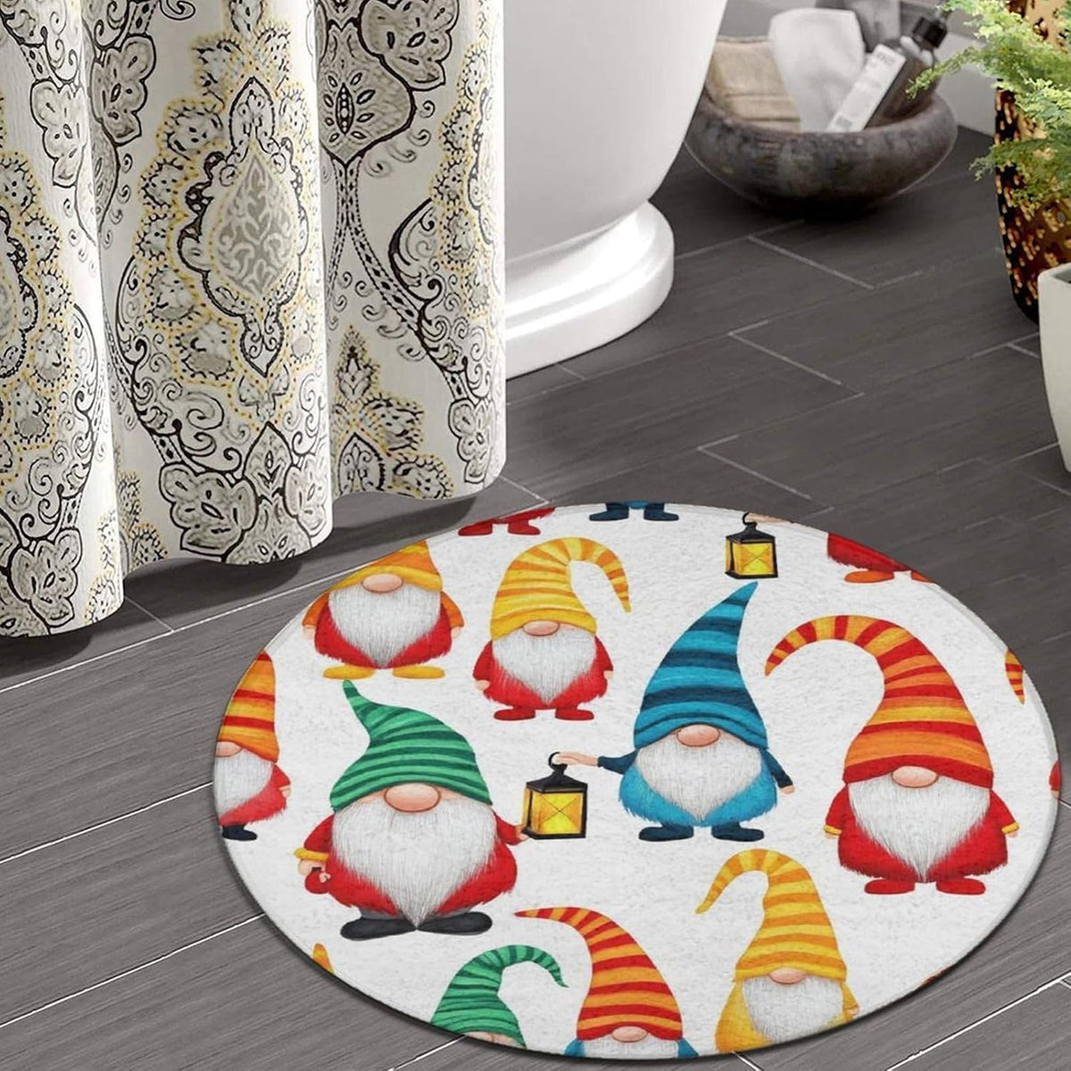 Modern Yellow Duck Round Area Rugs, Comfortable Flannel Polyester Mat Carpet for Living Room Bedroom Hotel, Winter Christmas Gnomes