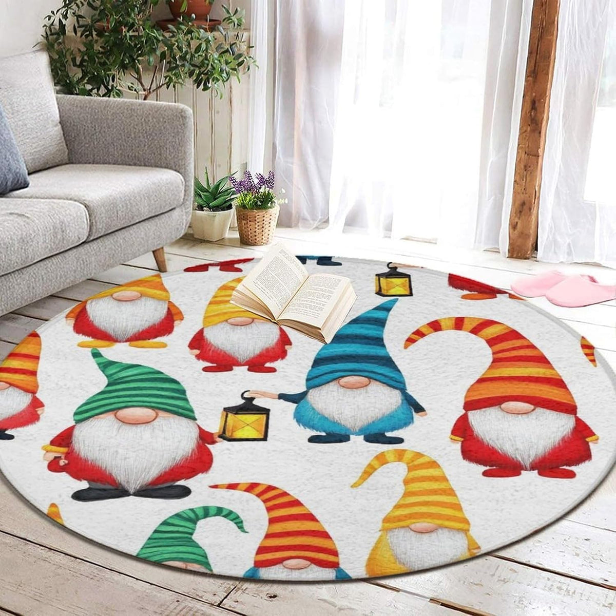 Modern Yellow Duck Round Area Rugs, Comfortable Flannel Polyester Mat Carpet for Living Room Bedroom Hotel, Winter Christmas Gnomes