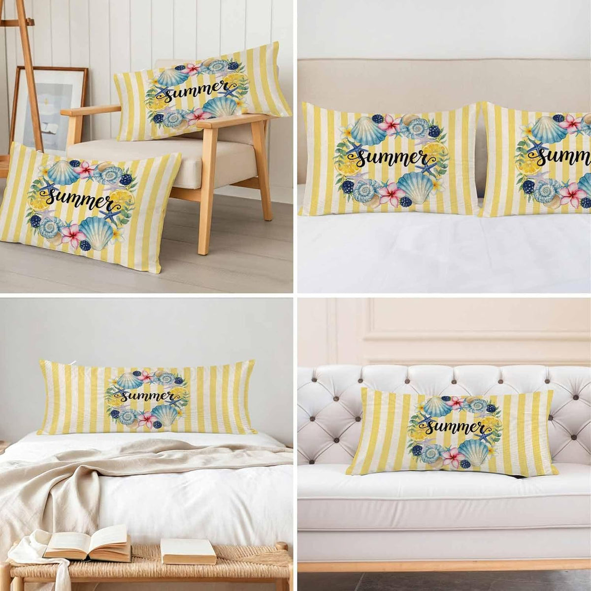 Summer King Standard Pillow Cases Set of 2, Lemons Starfish Flower Stripes Yellow Vintage Satin Pillow Case Cover with Smooth Hidden Zipper Closure, Soft Throw Pillow Covers Cases 20X36 Inch