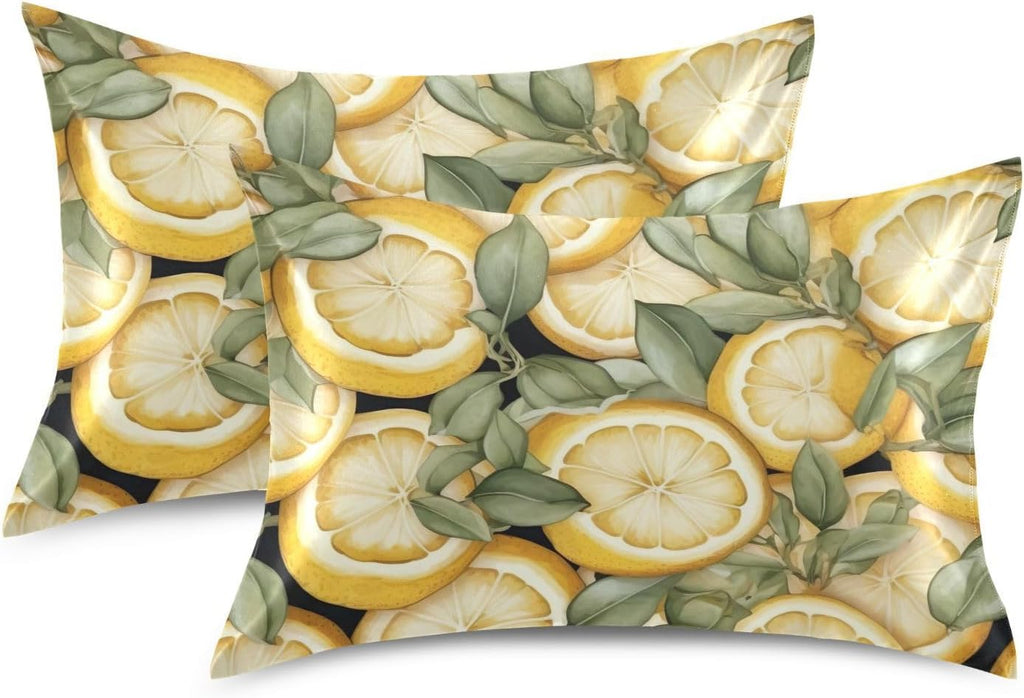 Yellow Lemons Leave Satin Pillowcase for Hair and Skin Body Bedding Pillowcases Standard Size 20"X26" Flannel Pillow Cases with Envelope Closure for Pillow