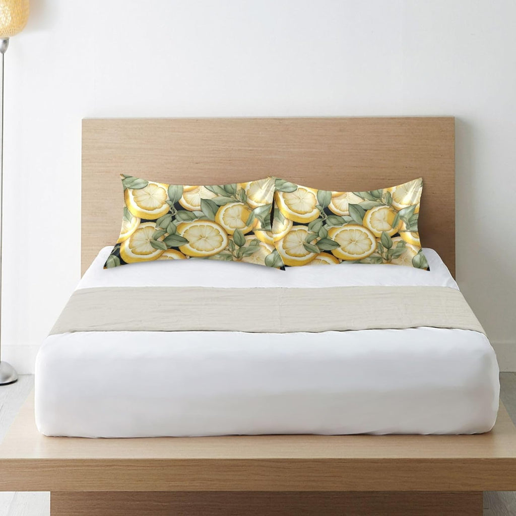 Yellow Lemons Leave Satin Pillowcase for Hair and Skin Body Bedding Pillowcases Standard Size 20"X26" Flannel Pillow Cases with Envelope Closure for Pillow