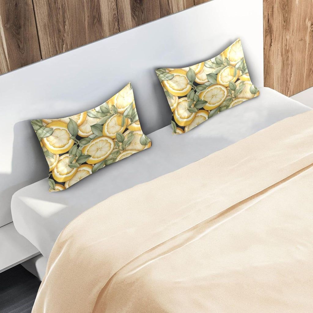 Yellow Lemons Leave Satin Pillowcase for Hair and Skin Body Bedding Pillowcases Standard Size 20"X26" Flannel Pillow Cases with Envelope Closure for Pillow