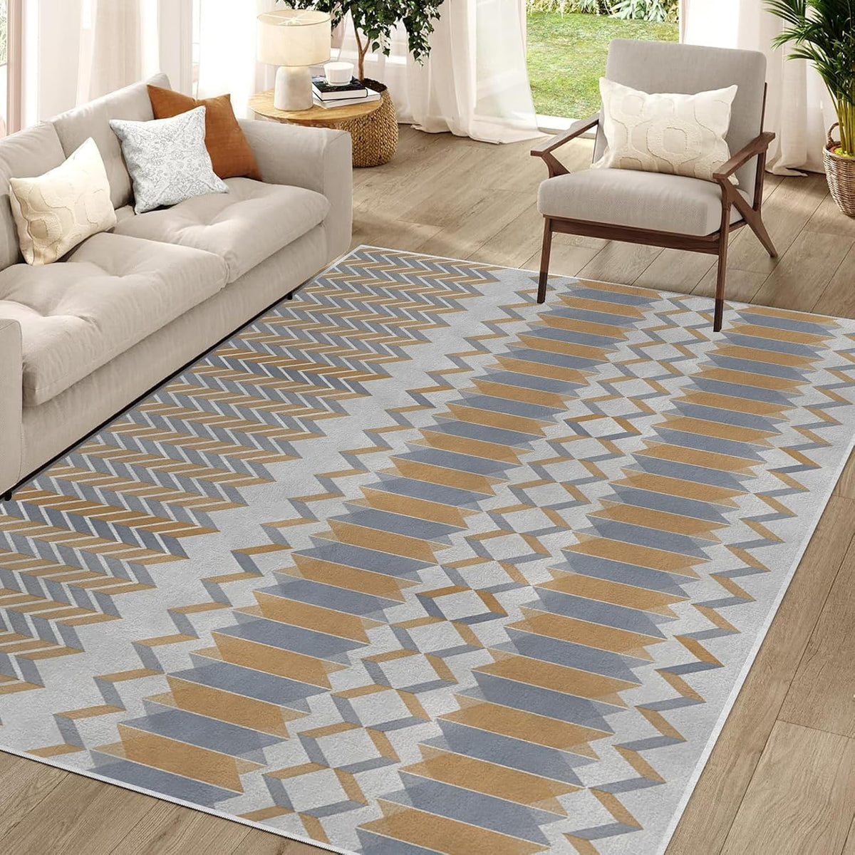 4x6ft Geometric Abstract Design Non-Slip Area Rug – Soft Low Pile Modern Simplicity,Machine Washable Living Room Rug for Bedroom, Hallway – Easy Clean Decorative Home Carpet Yellow Q1794