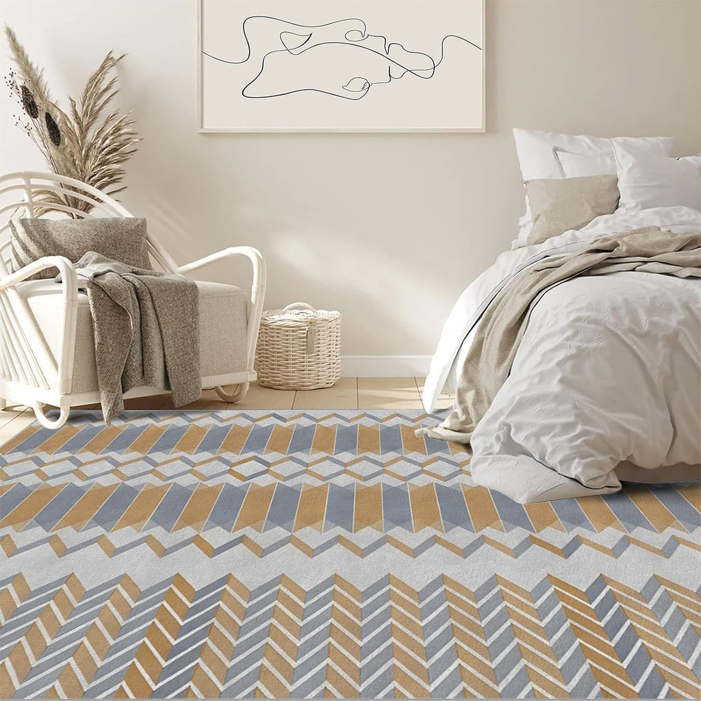 4x6ft Geometric Abstract Design Non-Slip Area Rug – Soft Low Pile Modern Simplicity,Machine Washable Living Room Rug for Bedroom, Hallway – Easy Clean Decorative Home Carpet Yellow Q1794