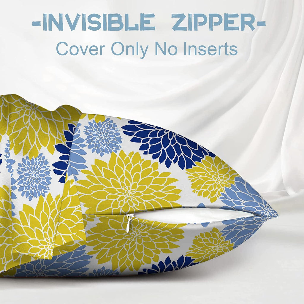 Yellow Navy Blue Flower Satin Pillowcase for Hair and Skin 1 Pack,Soft and Cooling Similar to Silk Pillow Cases with Hidden Zipper, Gift for Women Men(20"x30" Queen Size