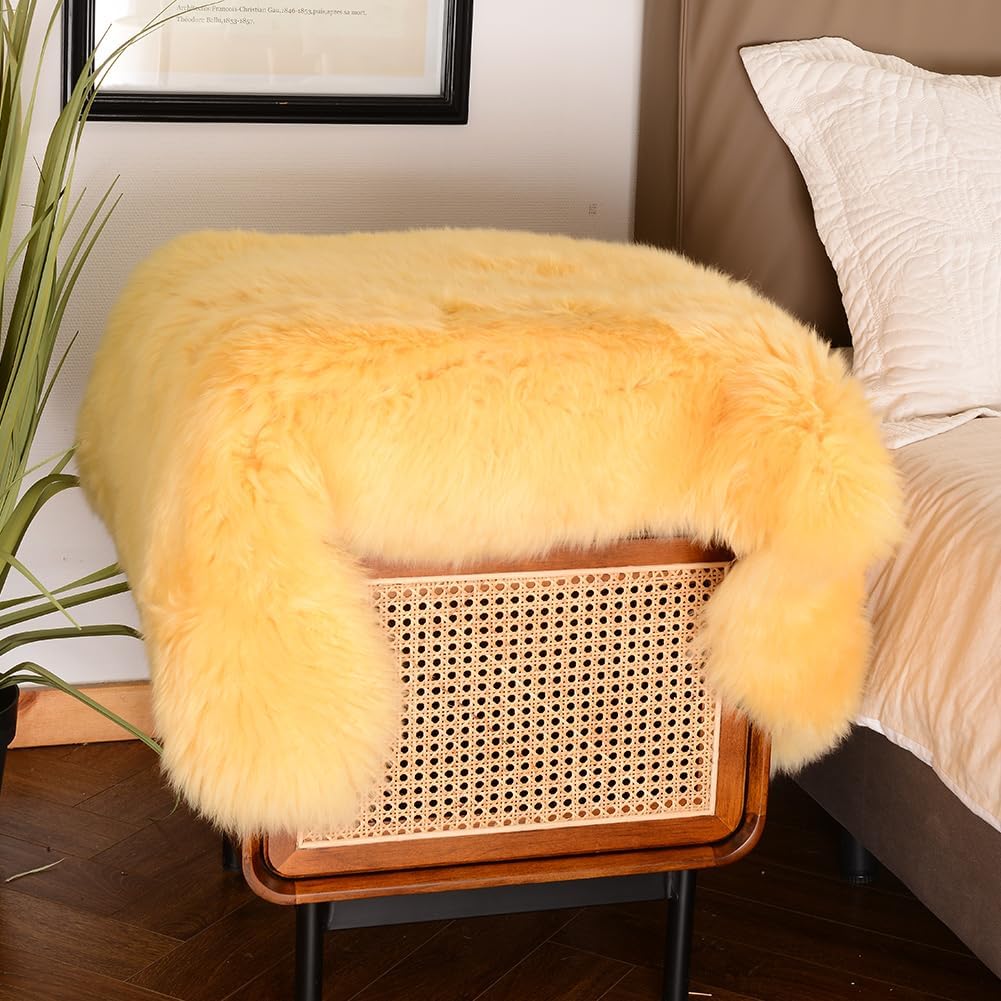 Genuine Sheepskin Area Rug Wool Rug Fur Carpet Fluffy Shaggy Fur Rug for Living Room Kids Bedroom Real Sheepskin Throw Lambskin Rugs Sofa Mat Chair Seat Covers (Yellow, 2 x 3 ft Sheepskin)