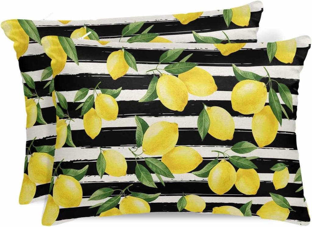 Yellow Lemons Pillow Cases Standard Size Set of 2, Satin Pillowcase for Hair and Skin, Summer Citrus Fruits Leaves Black Stripes Throw Pillow Covers Cooling Pillow Protector with Zipper 20"x26"x2