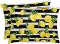Yellow Lemons Pillow Cases Standard Size Set of 2, Satin Pillowcase for Hair and Skin, Summer Citrus Fruits Leaves Black Stripes Throw Pillow Covers Cooling Pillow Protector with Zipper 20"x26"x2