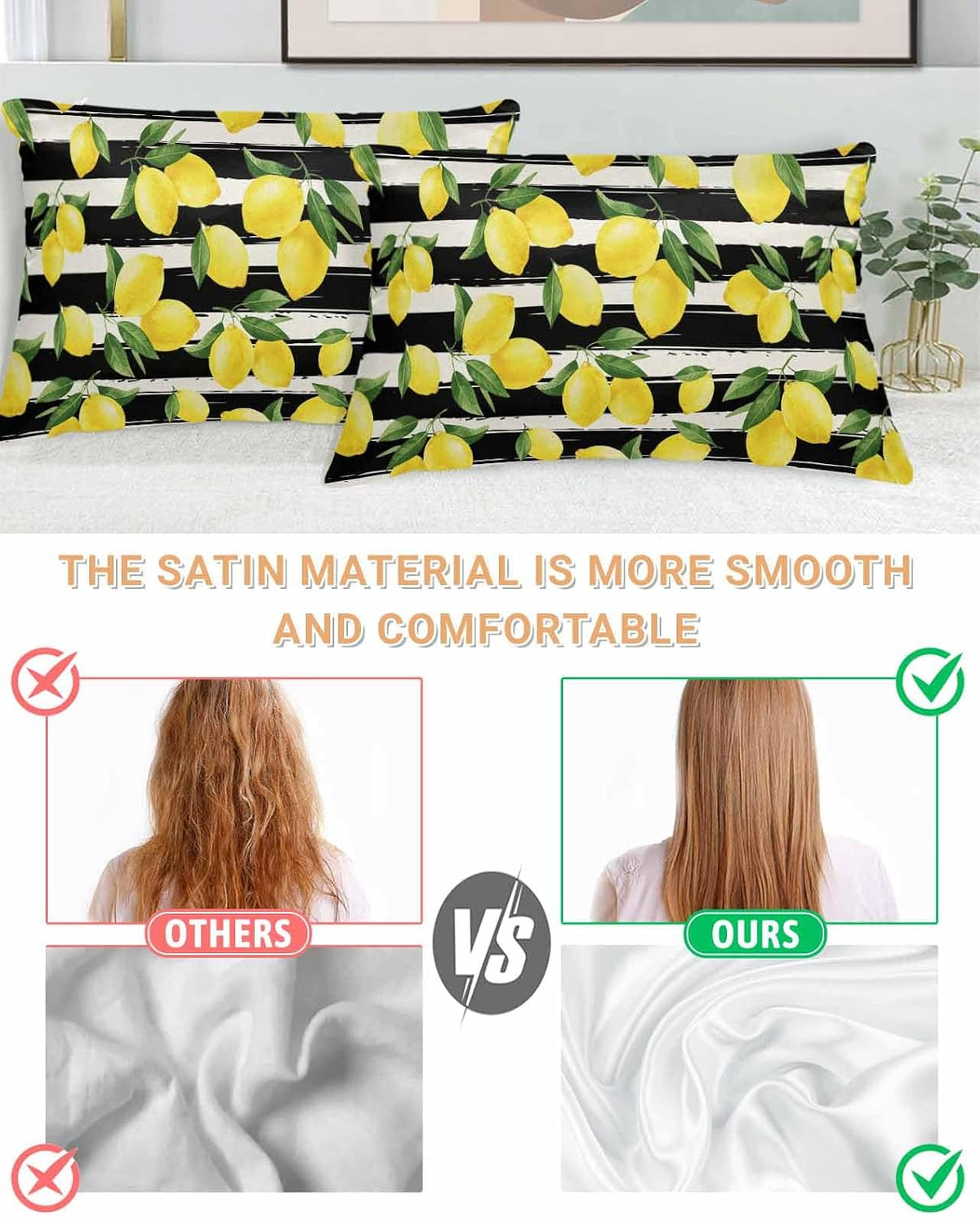 Yellow Lemons Pillow Cases Standard Size Set of 2, Satin Pillowcase for Hair and Skin, Summer Citrus Fruits Leaves Black Stripes Throw Pillow Covers Cooling Pillow Protector with Zipper 20"x26"x2