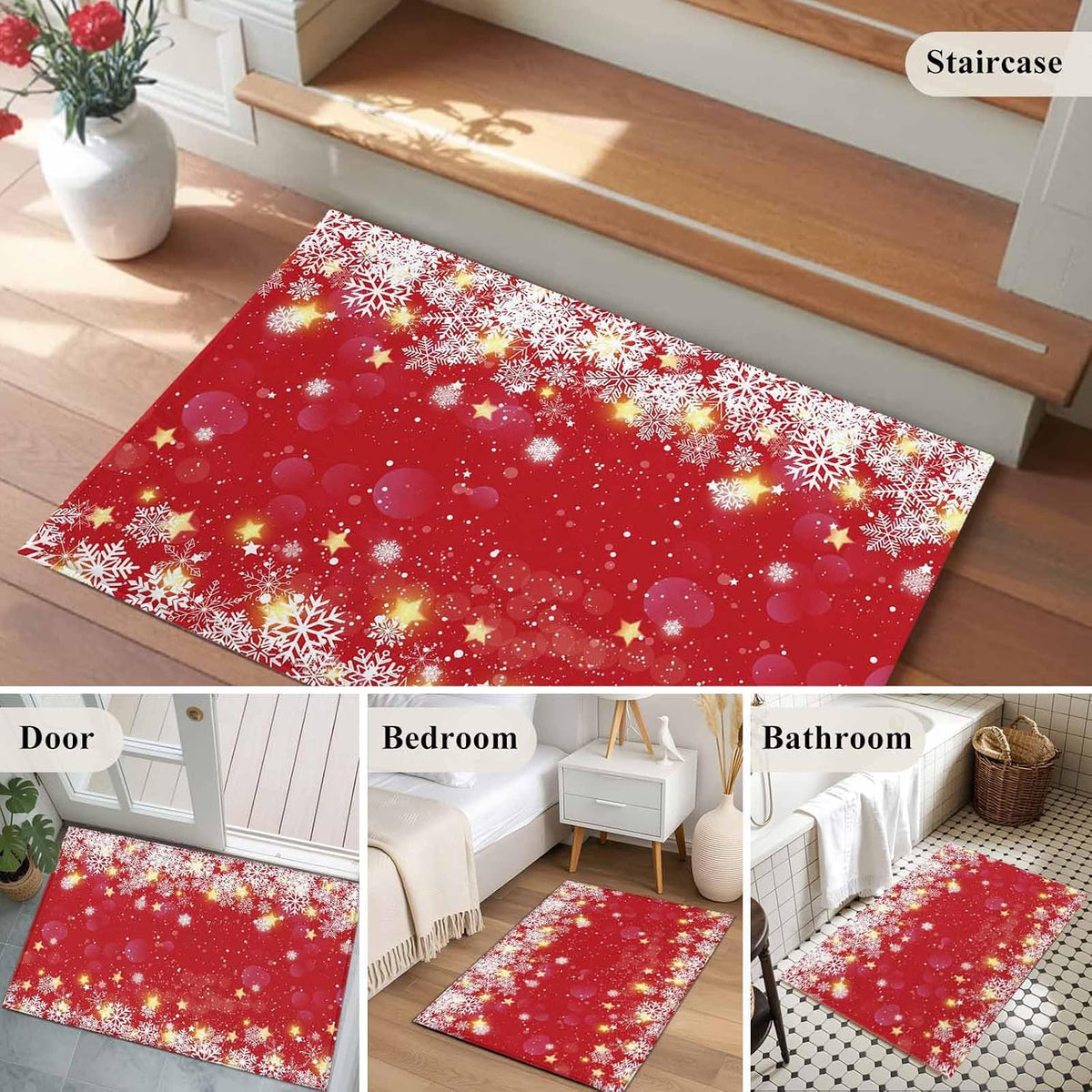 Winter Snowflakes Bright 2x3 Area Rugs for Living Room, Yellow Christmas Star Xmas Red Non Slip Floor Mat Washable Low-Profile Indoor Carpet for Bedroom, Dining Room, Bathroom