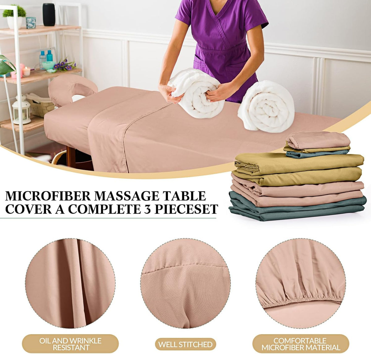 3 Sets Microfiber Massage Table Sheet Set 3 Colors 3 Piece Set Includes Massage Flat Sheet Fitted Sheet and Massage Face Rest Cover Stain Wrinkle-Resistant(Yellow, Pink, Dark Green)