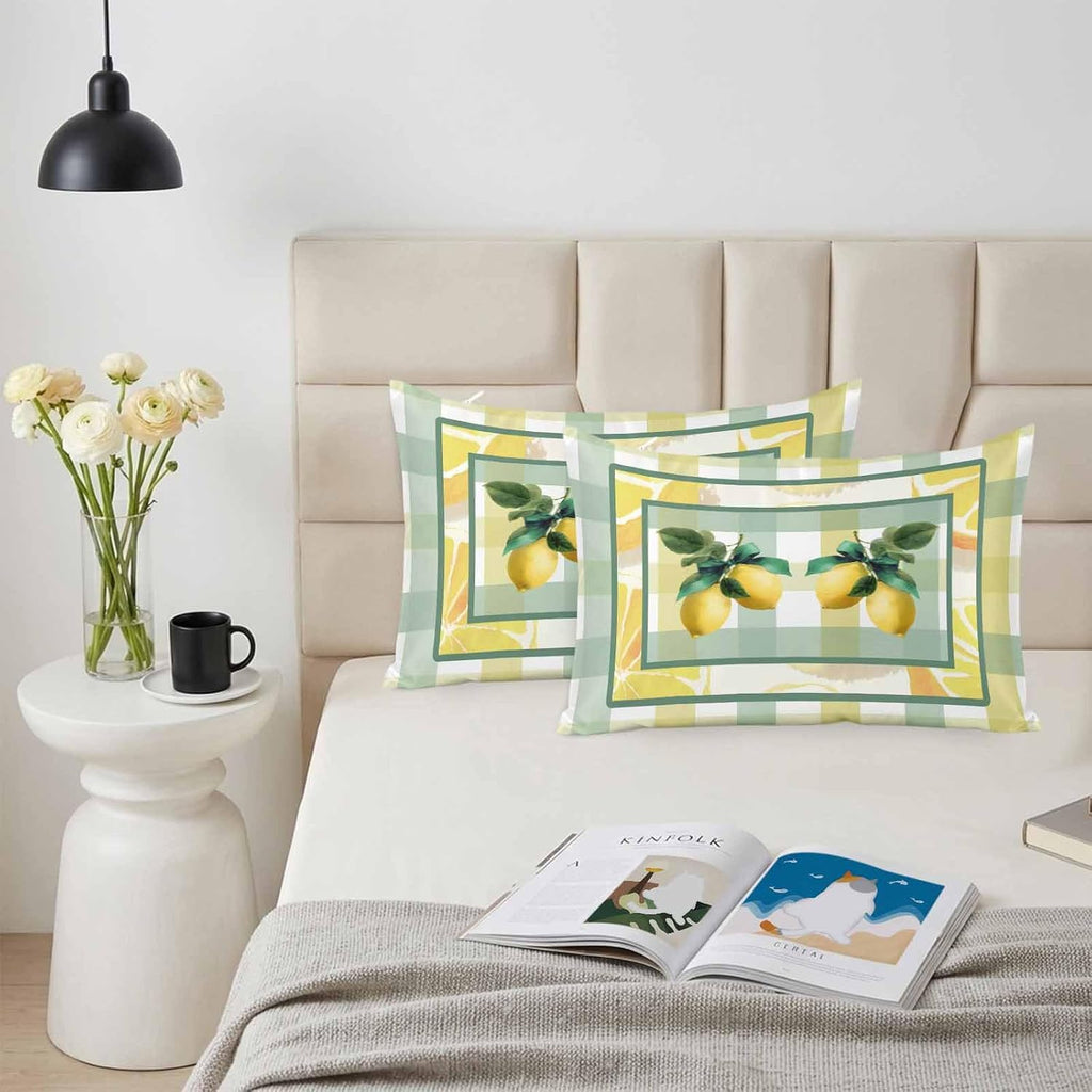 Lemon Pillow Cases Standard Size Set of 2, Botanical Fruit Leaves Bow Yellow Green Striped Satin Pillowcase with Zipper for Hair/Skin, Decorative Pillow Covers for Bed/Couch/Sofa, 20x26 Inches